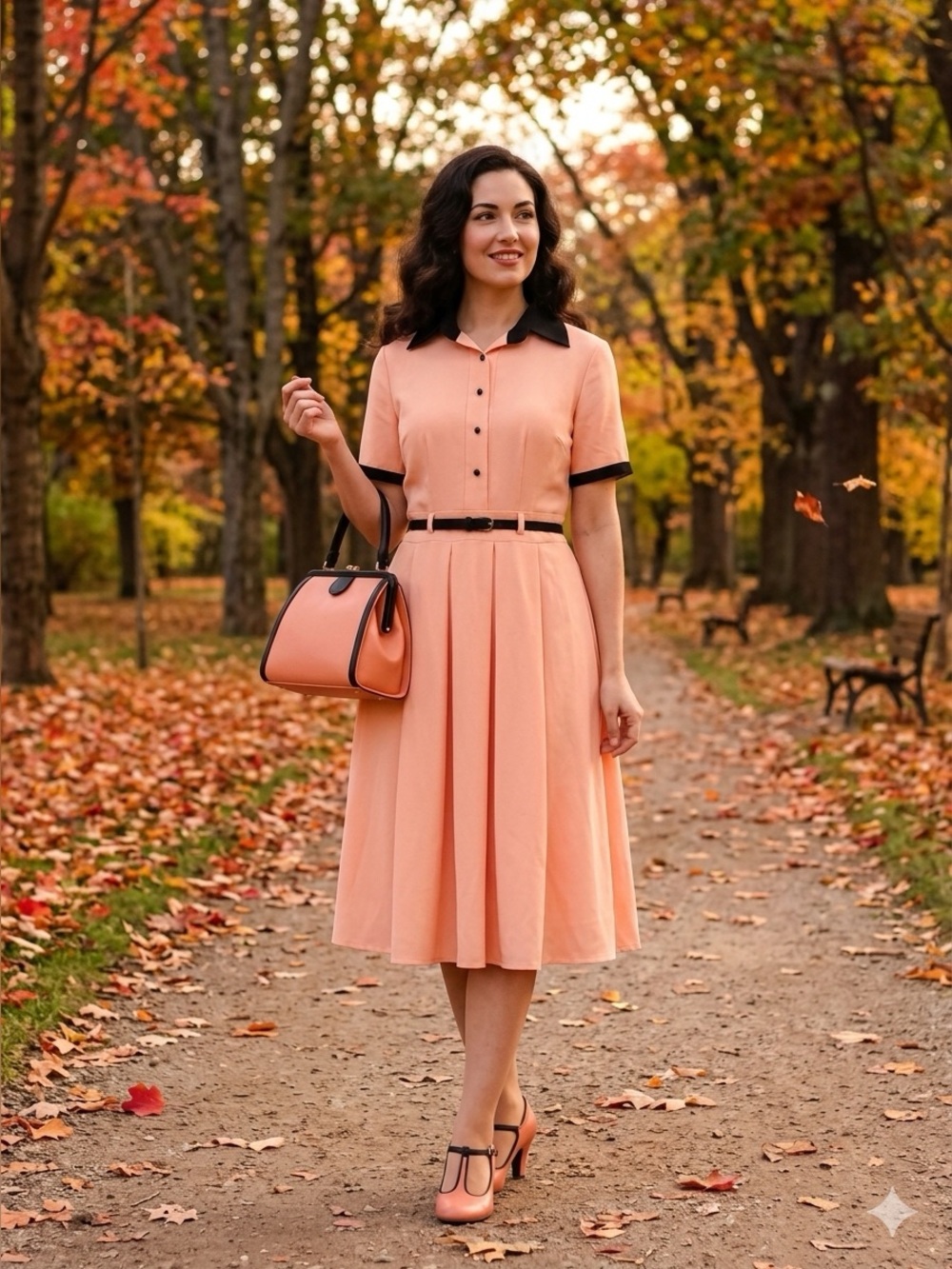Classic Peach Fit-and-Flare Dress with Contrast Trim
